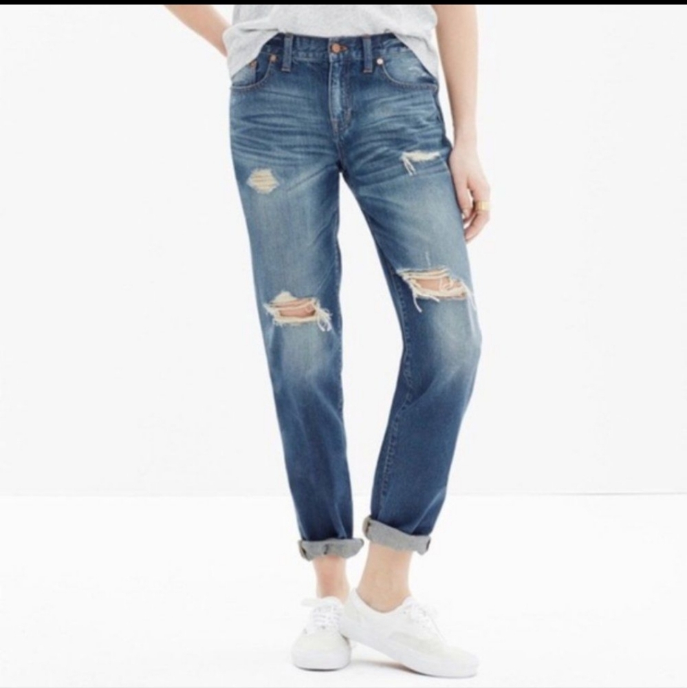 Madewell the slim boy jean distressed medium wash jeans selvage size 24 mid rise